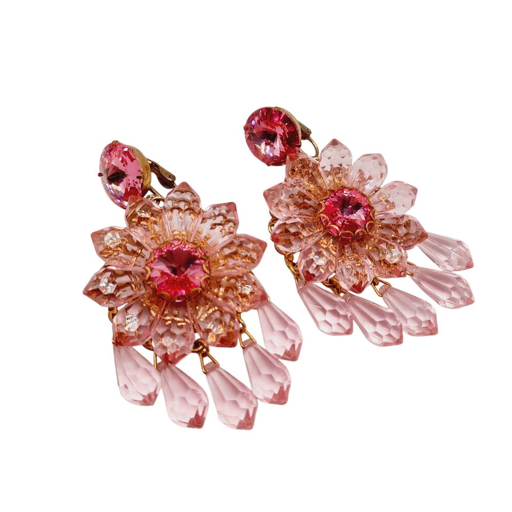 Vintage Runway Pink Rhinestone Chandelier Clip Earrings Large Statement